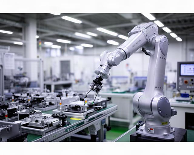 熊本県菊池市の工場内で稼働するAI協働ロボットアーム、組立ラインでの精密作業風景