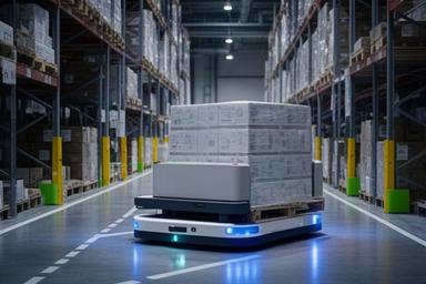 物流センター内でパレットを自動搬送するAGVロボット、夜間無人運転の様子